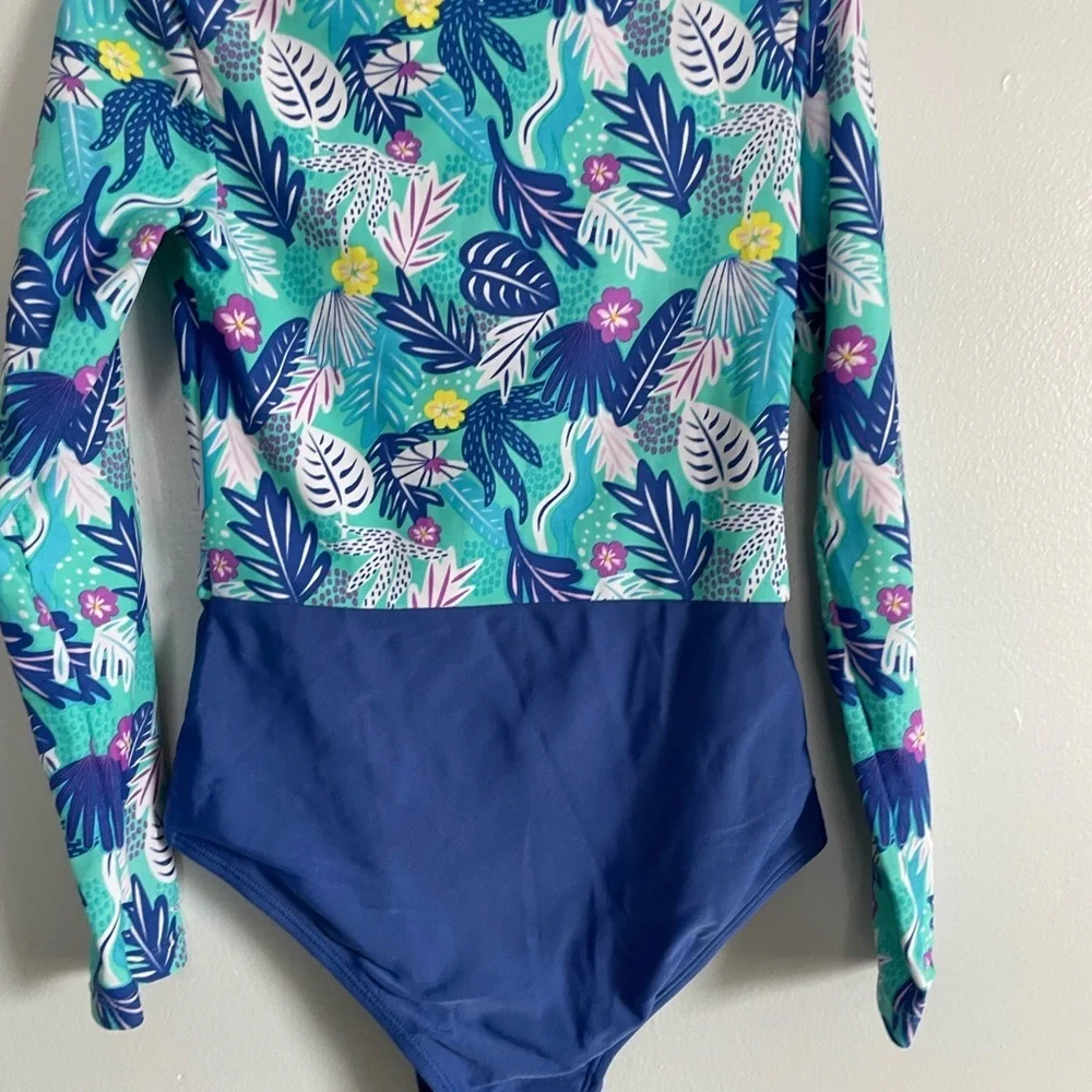 Tropical Print Kids Rashguard Swimsuit one piece long sleeve size 7/8 girls